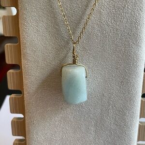 Natural Amazonite Pendant Necklace – Gold Wire Wrap, 20” Chain, Handmade NEW